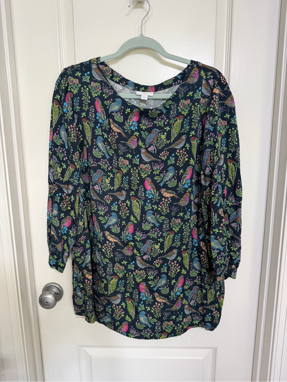 JJill Navy Tunic with Multicolor Bird & Floral Print (24”pit to pit, 29” long)